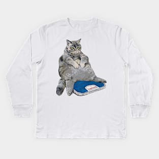 Fat grey cat on the scales Kids Long Sleeve T-Shirt